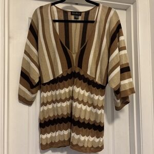 Deep V Knit Wide Sleeve Chevron Striped Mod Retro Boho Shirt Top Y2K Layering 2X